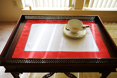 White Hemstitch Placemats 14"x20". Red color border